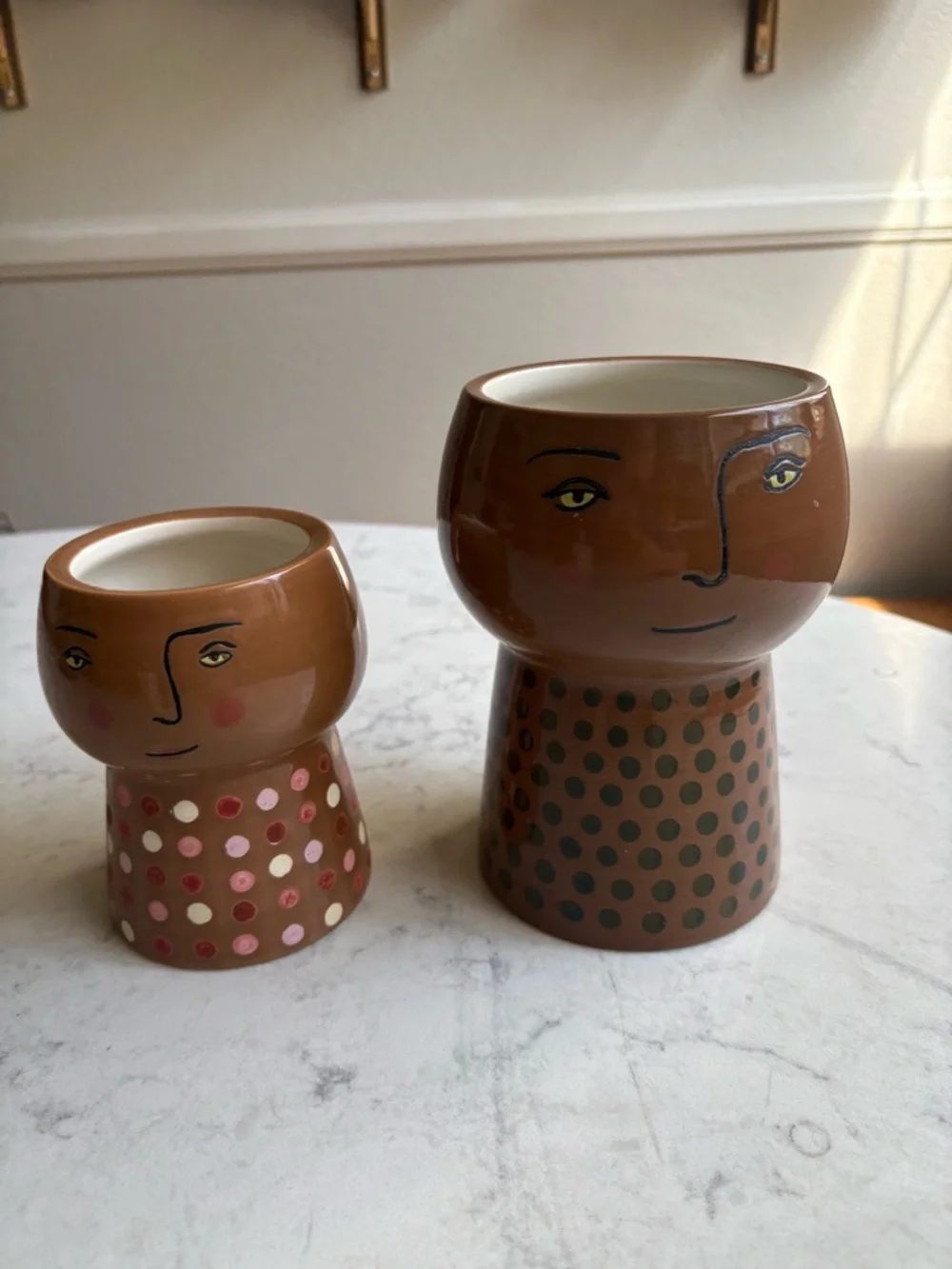 Hand-Painted Face Planters — Brown with Polka Dot Stands